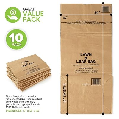 30 Gallon Kraft Lawn and Leaf Bags (10 Pack) Eco-Friendly Heavy Duty Large Paper Trash Bags, Tear Resistant Yard Waste Bags for Grass Clippings, Wet and Dry Leaves, Weeds, Twigs
