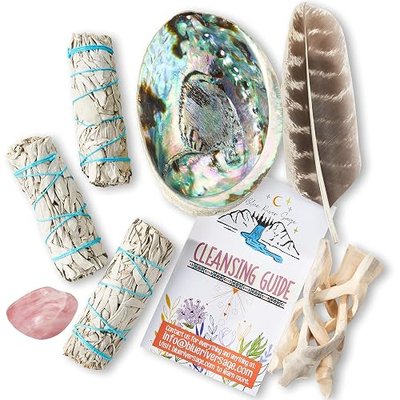 Sage Smudge Kit - White Sage Smudge Sticks Incense Sticks, Rose Quartz, Abalone Shell 5"+, Stand, Smudging Feather & Cleansing Guide (3 Sage)