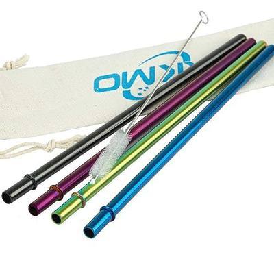 4 PCS Stainless Steel Reusable Drinking Straws with 1 Cleaning Brush Ring Design Black Blue Purple Laser Rainbow Color for Mason Jar Yeti