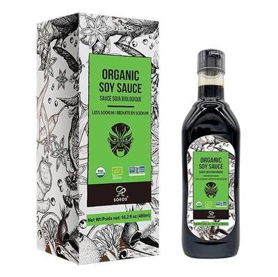 Soeos Soy Sauce Low Sodium, 16.2oz (480ml) 1 Pack, USDA Organic Soy Sauce, Premium Quality Dark Soy Sauce, Pure Ingredients, Marinade for Meat & Vegetables, Black