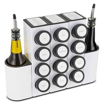 Organizer for Countertop - Modular Seasoning Organizer with 2 Olive Oil Dispenser Bottles, Spouts & 12 Spice Containers - Plus Complete (300+) Spice Jar Labels