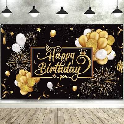 Blulu Happy Birthday Backdrop Banner Sign Poster Large Fabric Glitter Balloon Fireworks Sign Photo Backdrop Background for Birthday Party Decoration Supplies, 72.8 x 43.3in(Classic,Black and Gold)