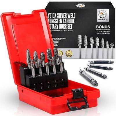 BOOLY Premium-Grade Die Grinder Bits Carbide Burr Set 1/4 Shank 10PC+ Bonus | Fits DeWalt Milwaukee Die Grinder, Solid YG10X Virgin Tungsten, 6.35mm, Double Cut, Metal Grinding, 4-PC Screw Extractor Kit