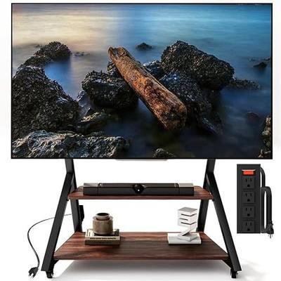 Rolling TV Stand with Power Outlet, Mobile TV Stand on Wheels with Wood Shelf for 55 to 100 inch Television, Height Adjustable Portable Black TV Cart, Holds up to 220LBS, Vesa 800×600mm.