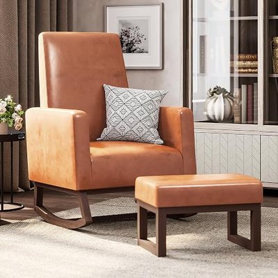 BELLEZE Modern Rocking Chair with Ottoman, Faux Leather Nursery Glider Rocker with Comfortable Padded Seat Solid Wood Base, Upholstery Arm Chair for Living Room Bedroom Baby Room - Felix (Caramel)