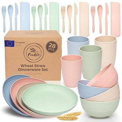 FOODLE Wheat Straw Dinnerware Set - Non-Toxic Kids Plates and Bowls Sets | BPA-Free & Safety Tested - Dishwasher & Microwave Safe - Easy to Clean - Children, Camping, College Dorm Dishes - For 4