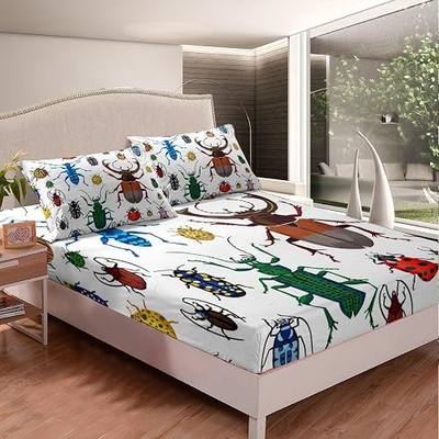 Kids Bug Fitted Sheet Flying Bugs Pattern Bedding Set for Boys Girls Colorful Beetle Decor Bed Sheet Set Nature Animal Bed Cover 2Pcs Twin Size