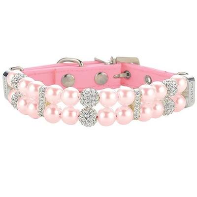 Dog Cat Pearl Collars with Crystal Rhinestone Diamond Décor, Adjustable Cute Fashion Pet PU Leather Collars Necklace for Small Dog Pets Wedding Birthday Party