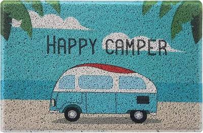 Aucuda Happy Camper RV Door Mat for Beach, Camper Entrway Rugs Welcome Mat for Front Door, RV, Lake, 24"x16" Non-Slip Indoor Outside Mats for Summer, Waterproof Camping Door Mat Trap Dirt&Sand, Blue.