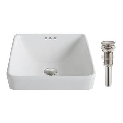Kraus KCR-281-BN Modern Elavo Ceramic Square Semi-Recessed Bathroom Sink with Overflow and Pop Up Drain, Brushed Nickel/White 16.25