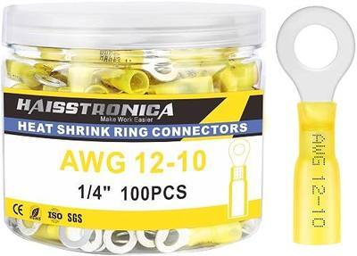 haisstronica 100PCS Heat Shrink Ring Terminals 1/4" Marine Grade Wire Connectors Yellow AWG 12-10 Gauge, Tinned Red Copper 1mm Resistant Ring Connectors, Brazed-Seam Insulated Electrical Crimp
