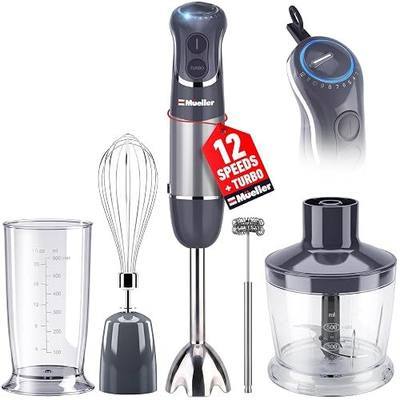 Mueller Multistick 5-in-1 Immersion Blender Handheld,12 Speed Hand Mixer-Turbo Boost,Heaviest Duty Copper Motor,Titanium reinforced Blades Hand Blender,Milk Frother Wand,Whisk,Beaker,Chopper,Grey