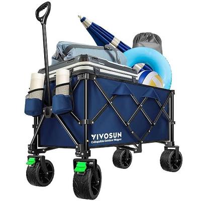 VIVOSUN Collapsible Folding Wagon, Outdoor Utility with Silent All-Terrain Beach Wheels, Adjustable Handle, Cup Holders & Side Pockets, for Camping, Beach, Shopping, Garden, Sports, Picnic, Blue