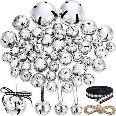 Skylety 50 Pieces Bell with Star Cutout Metal Sleigh Bell Rustic Christmas Xmas Tree Ornaments Assorted Size with Hanging Ribbon and Rope for Holiday Wreath Garland Craft Decorations (Silver Bells)