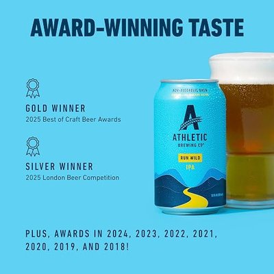 Athletic Brewing Company Craft Non Alcoholic Beer, IPA, Pair With Pizza, Burgers, or Tacos, Vegan Hops & Malt Blend With Citrus & Pine Notes, Low Calorie, Run Wild, 24 Pack, 12 FL Oz Cans
