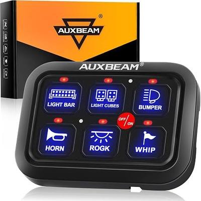 Auxbeam 6 Gang Switch Panel BC60 Universal Circuit Control Relay System Automatic Dimmable LED Switch Pod Touch Control Panel Switch Box for Car Truck Pickup Boat UTV SUV - Blue, 3 Years Warranty | Dimmable LED On-Off Control Panel, LED Switch Pod Multifunction Switches for Truck Car Offroad SUV UTV