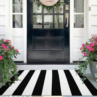 27.5x43 Striped Outdoor Door Mat, Washable Porch Rug, Black/White