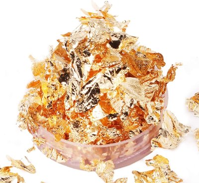Gilding Foil Flakes for Resin,YUGDRUZY 18 g Metallic Foil Leaf Schabin Flakes with 2 Finger Cots and Tweezers,Imitation Metal Gilding Flakes for Painting,Nails Arts,Slime,Home Decor