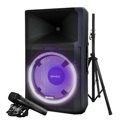 Gemini 15" PA Speaker & Stand, 1800 Watts, LED Lights (GSP-L2200PK) | 15" powered PA with stand, mic & LED lights - 3-ch mixer - Bluetooth TWS - wheels & trolley handle