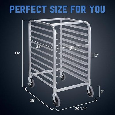 Profeeshaw Bun Pan Rack 10 Tier, Aluminum Speed Rack for Half & Full Sheets | Four swivel casters and two brakes ease movement and parking; lightweight build supports batch cooling in compact bakeries.