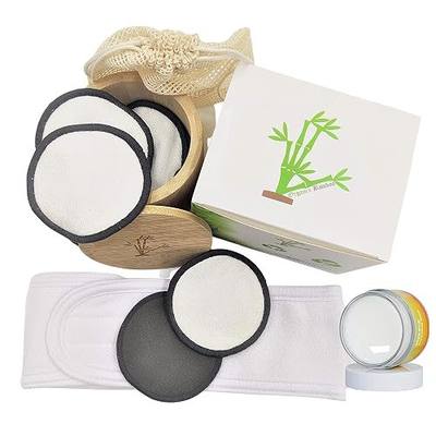 Reusable Bamboo Makeup Remover Pads with Face Cleanser and Adjustable Spa Headband. Natural Organic Facial Cleansing Skincare Set. 14 Pieces Pads, Bamboo Storage Box and Cotton Laundry Bag