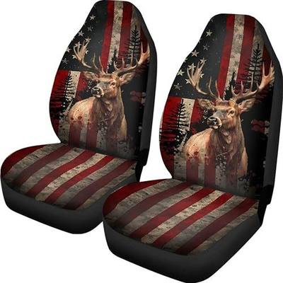 Forchrinse American Flag Deer Car Front Seat Covers Patriotic 2 Pack Auto Seat Cushion Bucket Covers Protector for Women Men,Easy to Install