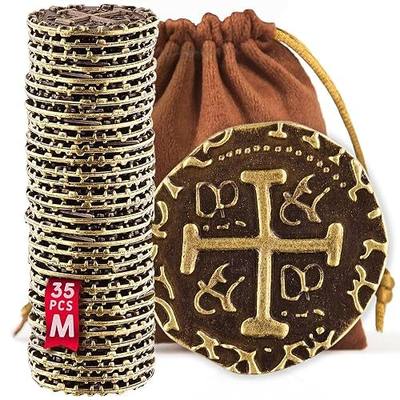Metal Pirate Coins - 35 Medium Bronze Treasure Coin Set, Metal Replica Spanish Doubloons for Board Games, Tokens, Toys, Cosplay, Realistic Money Imitation, Pirate Treasure Chest, Diameter 7/8"
