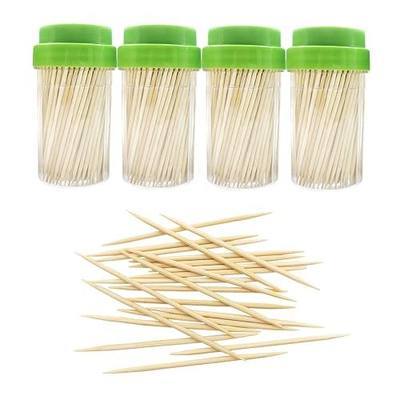 BLUE TOP Bamboo Wood Toothpicks 1000 PCS in 4 Bottles of 250, Round Sturdy Toothpick holder Double-Side Point,Toothpick Dispenser for Teeth,Food Pick Appetizers,Cocktails Fruits,Olive&DIY Craft