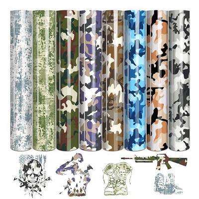 Tintnut Multi-Style Camo Heat Transfer Vinyl,8 Pcs 12x10in Iron on Vinyl | Camouflage printed PU HTV sheets,easy cut & weed,stretch washable,works with iron & heat press for military outdoor crafts