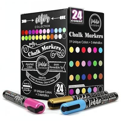 Loddie Doddie Chalk Markers - Pack of 24, 6mm Reversible Tips - Liquid Chalk Pens for Glass Surfaces & Windows - Erasable Pens for Chalkboard Calendar - Non-Toxic Chalkboard Markers