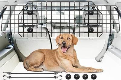 Gtongoko Dog Car Barrier for SUV, Heavy Duty Steel Wire Mesh Pet Divider for Vehicles Adjustable Universal Fit Dog Travel Barrier for Cars Trucks & SUVs, Cargo Area Safety Gate with Elastic Ropes