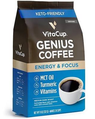 VitaCup Genius Keto Ground Coffee with MCT Oil, 10oz | 100% Arabica, Medium Dark Roast, Dark Roast, B Vitamins, D3, Turmeric, Coffee Grounds