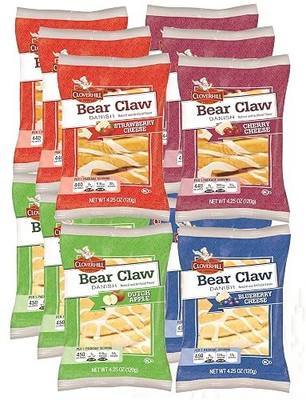 Cloverhill Danish Fruit Pastry Variety Pack | Strawberry, Cherry, Blueberry and Apple Bear Claws | Pack of 12 | Blueberry and Apple Bear Claws, Pack of 12