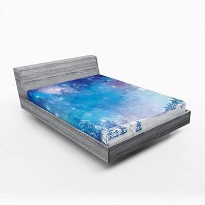 Lunarable Night Sky Fitted Sheet, Christmas Themed Abstract Snow Winter Scenery Pine Trees, Bed Cover with All-Round Elastic Deep Pocket for Comfort, King Size, Pale Blue