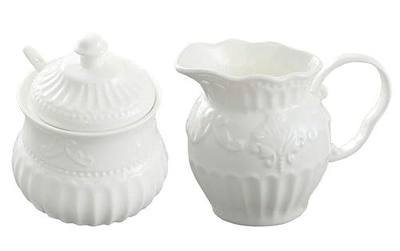 FUYU Relief White Ceramic Creamer and Sugar Bowl Set Coffee Serving Set Cream Pitcher