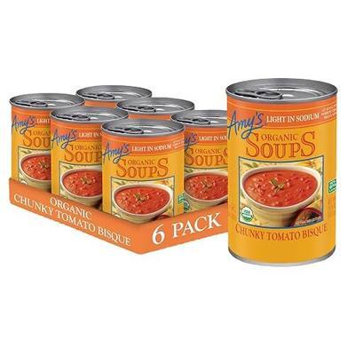 Amy’s Soup, Chunky Tomato Bisque Canned Soup, Light in Sodium, Gluten Free, Made With Organic Tomatoes and Cream, 14.5 Oz (6 Pack)