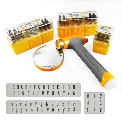 OWDEN 65 Packs Art Fonts Metal Stamps Kit for Jewerly DIY Working(1/8”,3mm) | Including:1 set each of Uppercase and Lowercase Letter Punch and 1 set Number Punch and 3 Heads Hammer and Metal Bench Block.