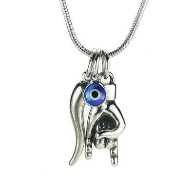 Mano Cornuto, Cornicello, and Nazar combo Necklace, on 18" Snake Chain, Italian Lucky Hand Horn Anti Evil Eye Good Luck Amulet Protection Charms All Stainless