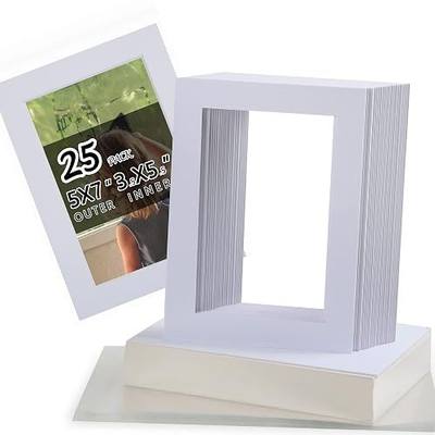 Falling in Art Acid Free 25 Pack 5x7 Pre-Cut Mat Board Show Kit for 4x6 | Photos, Prints or Artworks, 25 Core Bevel Cut Matts and 25 Backing Boards and 25 Crystal Plastic Bags, White