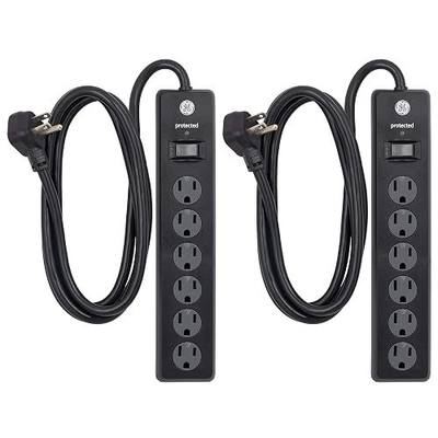 GE Home Electrical GE 6-Outlet Surge Protector, 2 Pack, 6 Ft Extension Cord, Power Strip, 800 Joules, Flat Plug, Twist-to-Close Safety Covers, Protected Indicator Light, UL Listed, Black, 54639