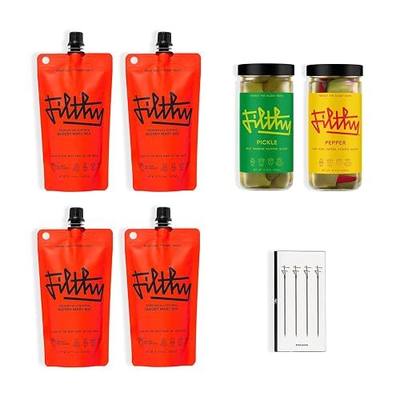 Filthy Bloody Mary Cocktail Kit, Premium Cocktail Kit, Includes Pickle Stuffed Olives, Pepper Stuffed Olives, 4 All-Natural Bloody Mary Mix Pouches & 4 Stainless Steel Cocktail Picks