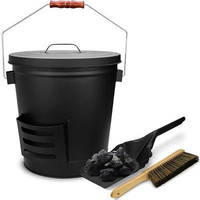 GRISUN 5.2 Gallon Ash Bucket with Lid Shovel and Broom for Fireplace | Coal Bucket for Fireplace, Fire Pits, Burning Stoves, Large Pail Pellet Metal Buckets Ash Can for Indoor and Outdoor