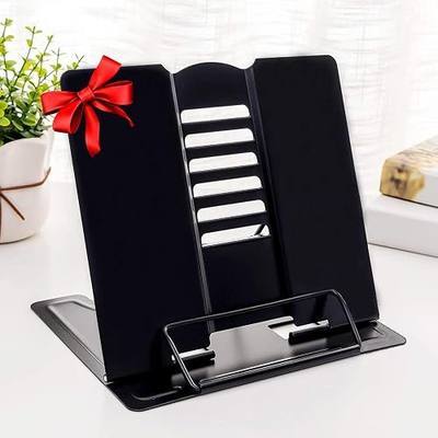 MSDADA 1PC Desk Book Stand Metal Reading Rest Book Holder, Cookbook Holder | Adjustable Documents Holder Portable Sturdy Bookstands for Recipes Textbooks Tablet Music Books with Page Clips (Black)