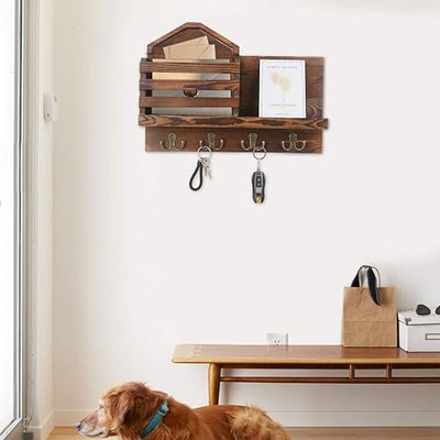 5566 Wonoder Wall Mounted Mail Holder with Key Hooks for Entryway, Rustic Wooden Mail Sorter with 4 Double Key Hooks and A Floating Shelf, Copper