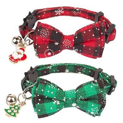 ADOGGYGO Christmas Cat Collar Breakaway with Bow Tie Bell - 2 Pack Red Green Plaid Xmas Kitten Collar with Removable Bowtie for Cats Kittens (7.5"- 10.5")