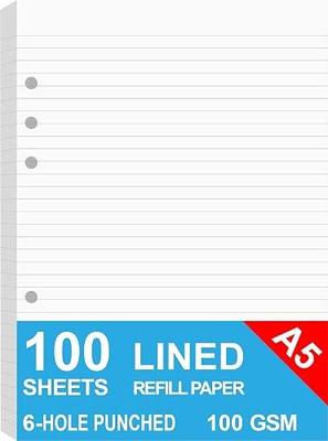 A5 Lined Paper, Refills for Filofax Planner, Organizer, Binders, 6 Hole Punched, 100 Sheets/200 Pages, 100gsm, White, 5.8 x 8.2 Inch