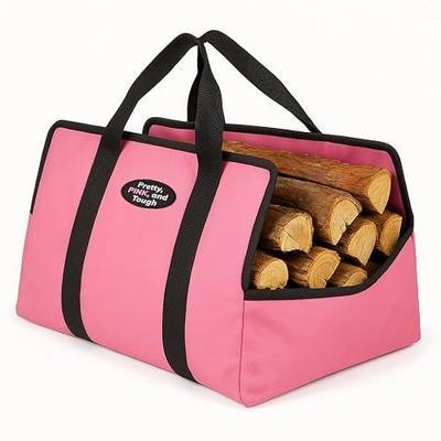 Firewood Carrier Tote Bag, Heavy Duty Oxford Fabric Log Carrier with Reinforced Handles, Large Wood Carrying Bag for Fireplace, Wood Stove & Camping, Pink