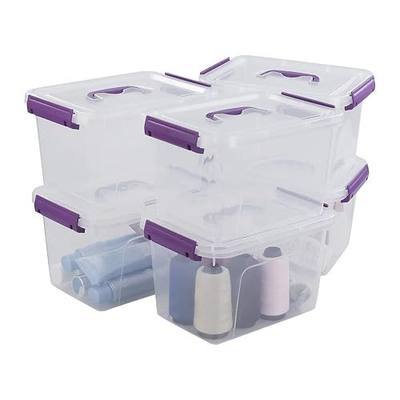 Clear Bin with Lid, 6 Quart Latching Box with Purple Handle, 6 Packs