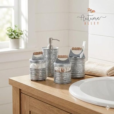 Autumn Alley Galvanized Rustic Farmhouse Bathroom Accessories Set, 4 Pc | Soap dispenser, toothbrush holder, apothecary qtip jars, glass jars, western decor, cabin decor, lotion pump, vanity sink