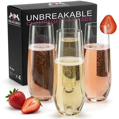 Bravario Unbreakable Stemless Plastic Champagne Flutes | Shatterproof 100% Tritan Plastic Glasses | Reusable | BPA-free | 8.5 oz, Set of 4